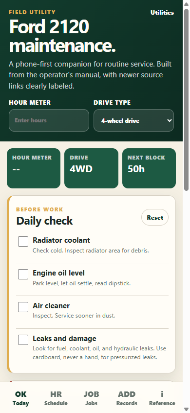 Ford 2120 Maintenance app showing its daily checklist