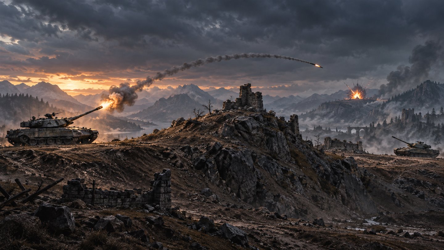 Tanks V2 Warfront: armored tanks exchanging fire across a rugged ridge